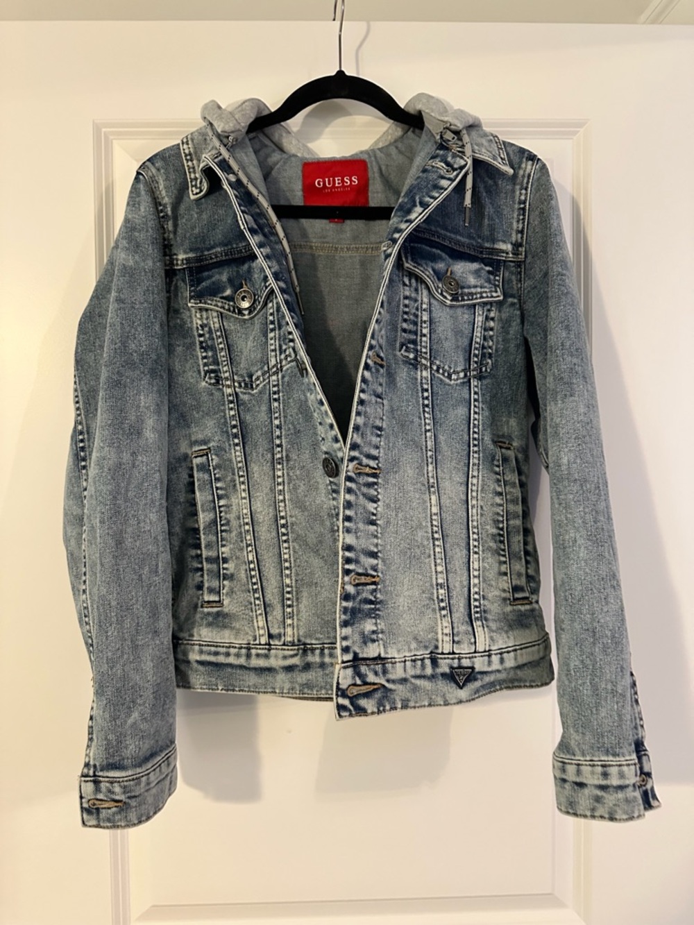 GUESS Light Blue Denim Jacket with Grey Hood Men’s